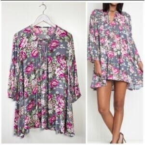 Umgee Floral Tunic Dress Flare Sleeve Flowy Lg
